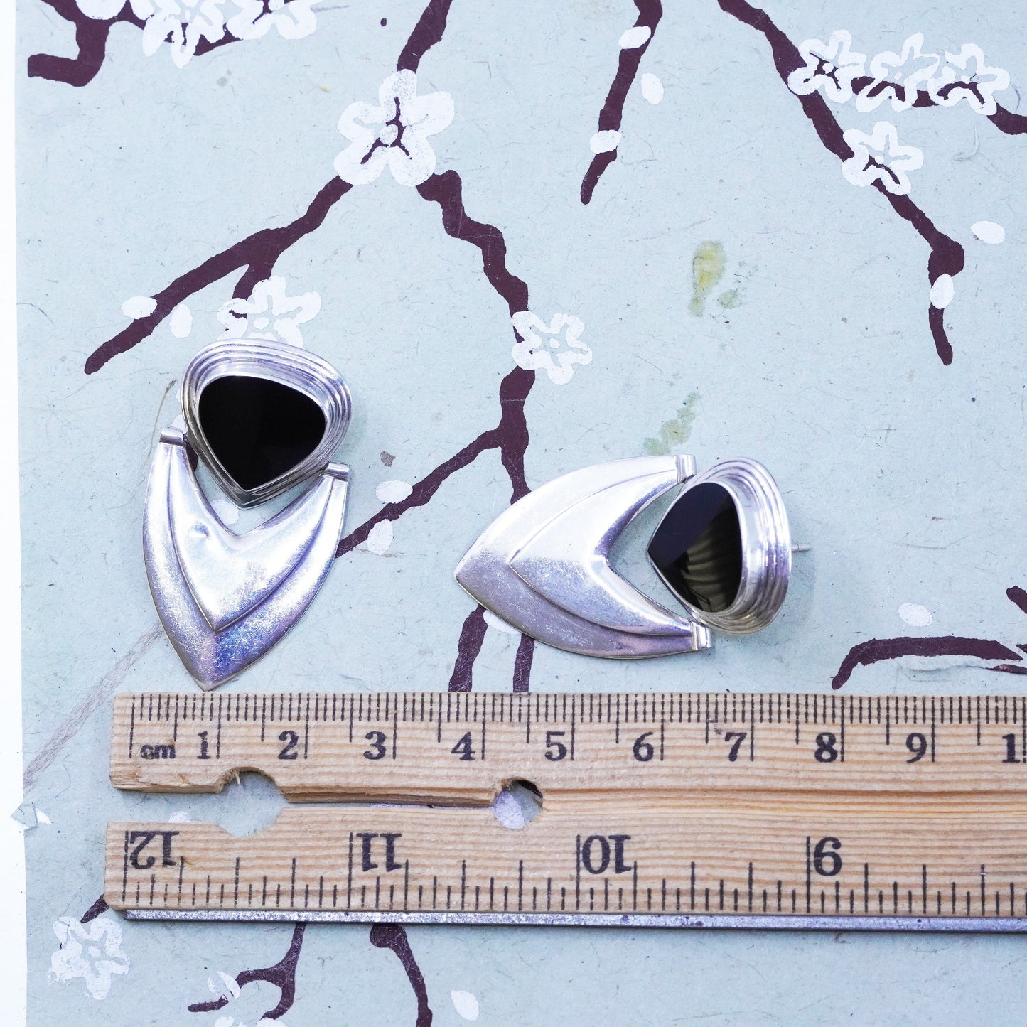 sterling 925 silver earrings, teardrop shaped black onyx, handmade southwestern