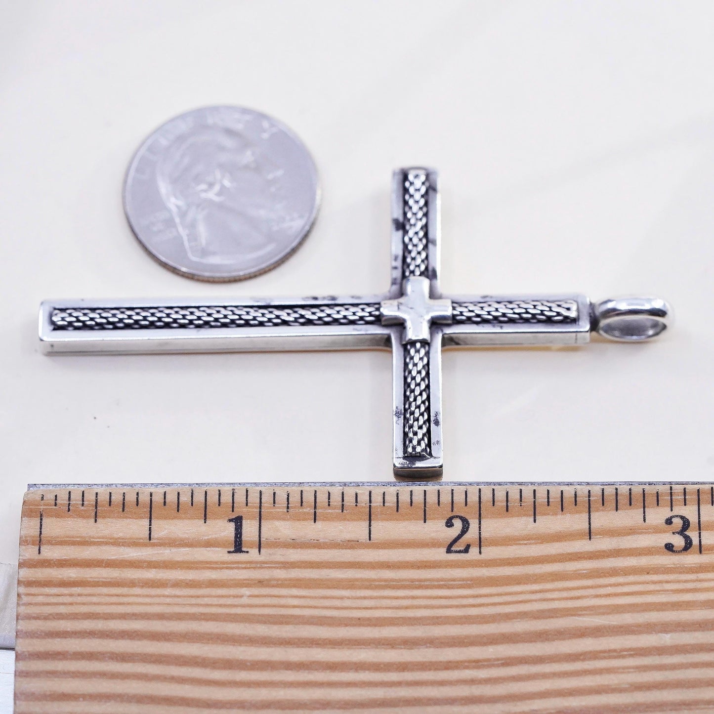 3” Vintage sterling silver handmade pendant, huge textured 925 cross