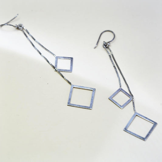 Vintage Sterling 925 silver handmade long box chain earrings w/ square dangles