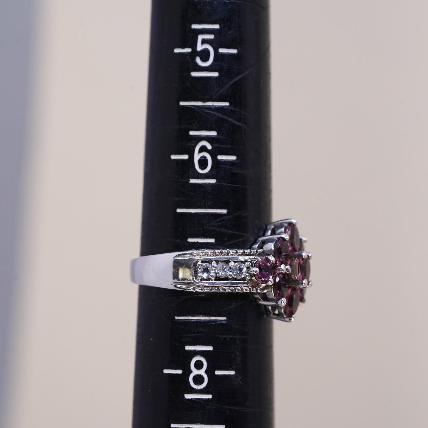 Size 7, vintage Sterling 925 silver ring with pink crystal and cluster cz