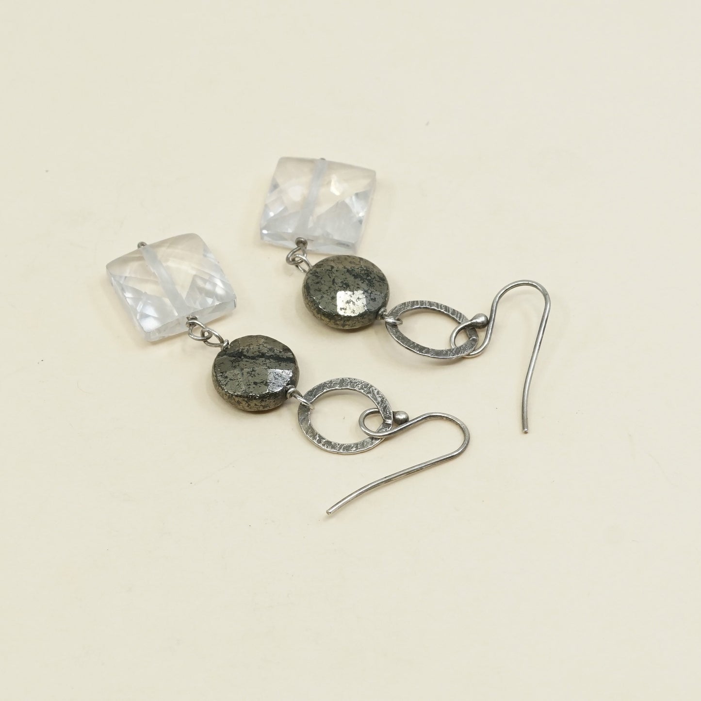 vtg sterling silver handmade earrings, 925 with cushion cut clear crystal