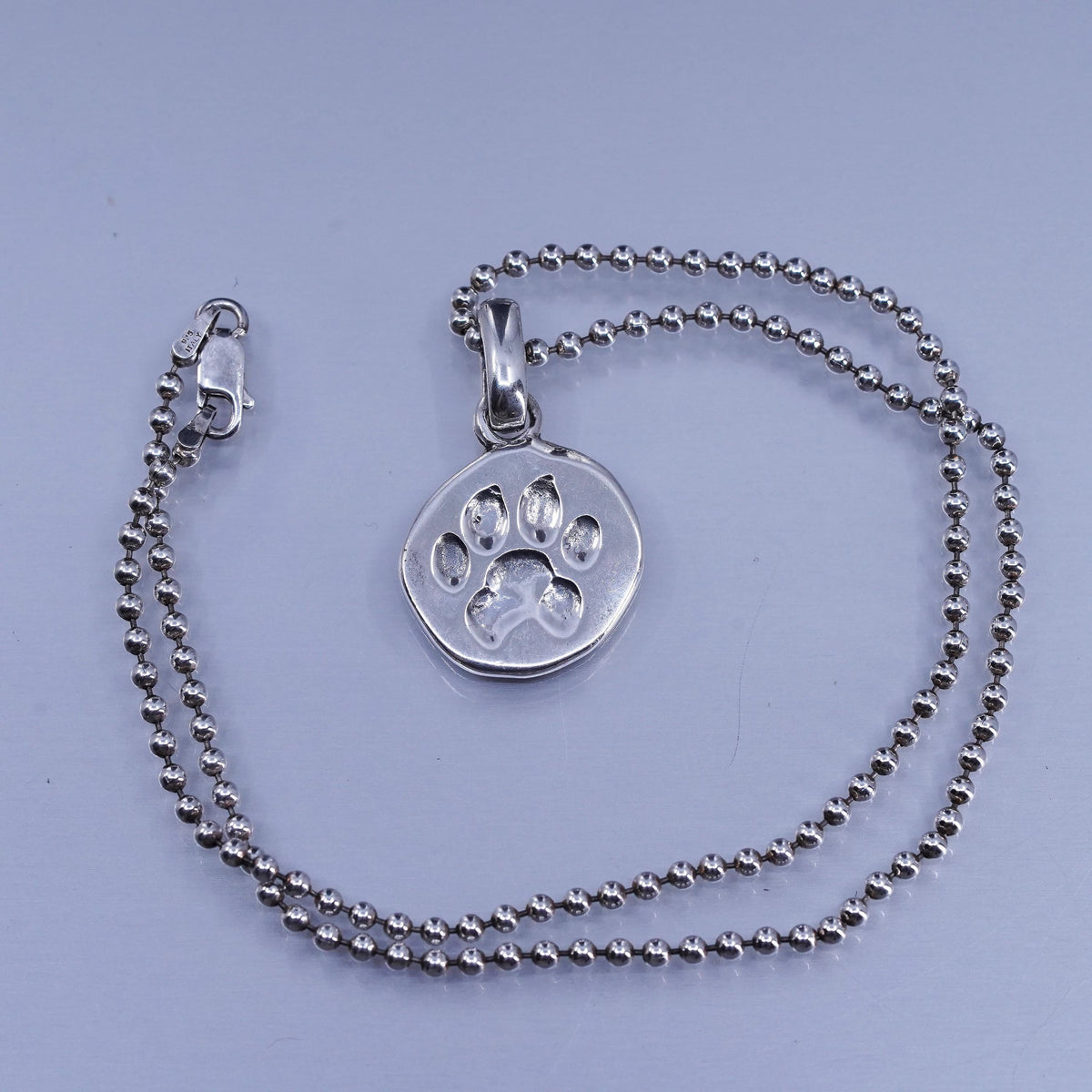 16” 2mm, Sterling 925 silver bead chain necklace with tag embossed paw print
