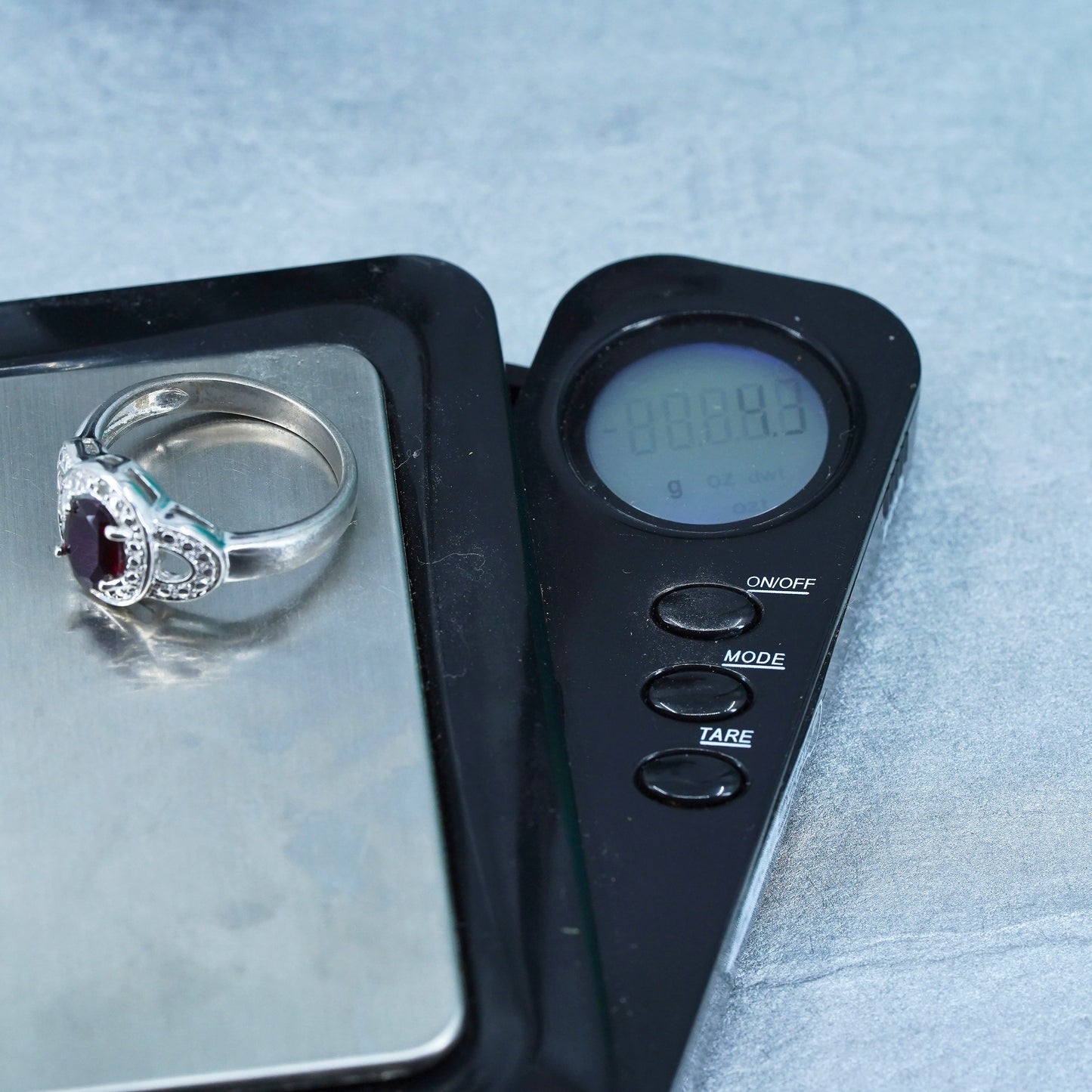 Size 8, vintage Sterling 925 silver ring with ruby and cz