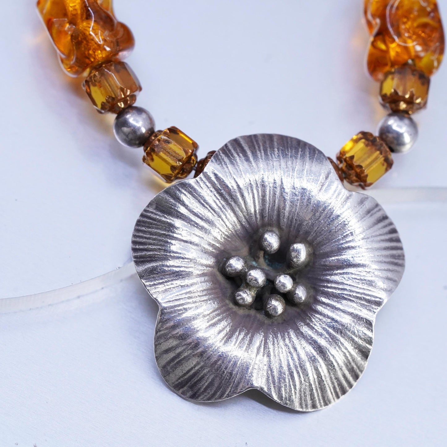 17", 925 Sterling 925 Silver Necklace with Amber beads and flower pendant