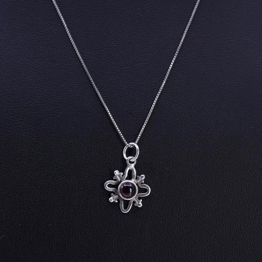 18", Vintage sterling 925 Silver box chain necklace with garnet pendant