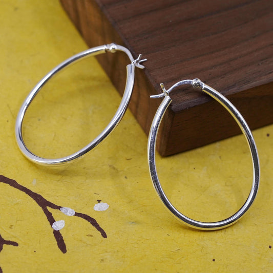 1.75", vintage Sterling silver handmade earrings, 925 silver oval hoops