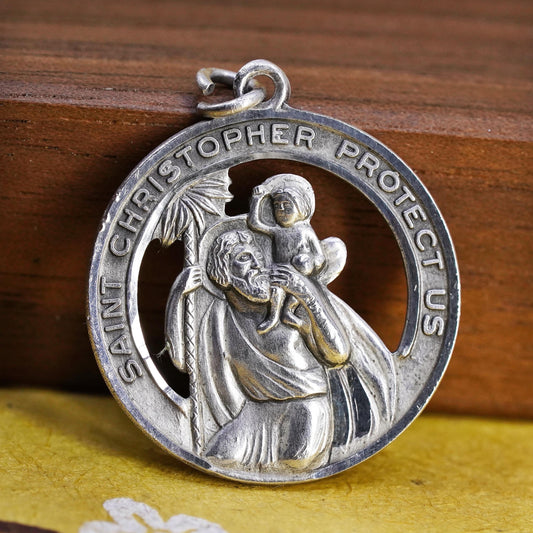Sterling Silver 925 Saint Christopher Medal Pendant, Protect Us Charm, Catholic