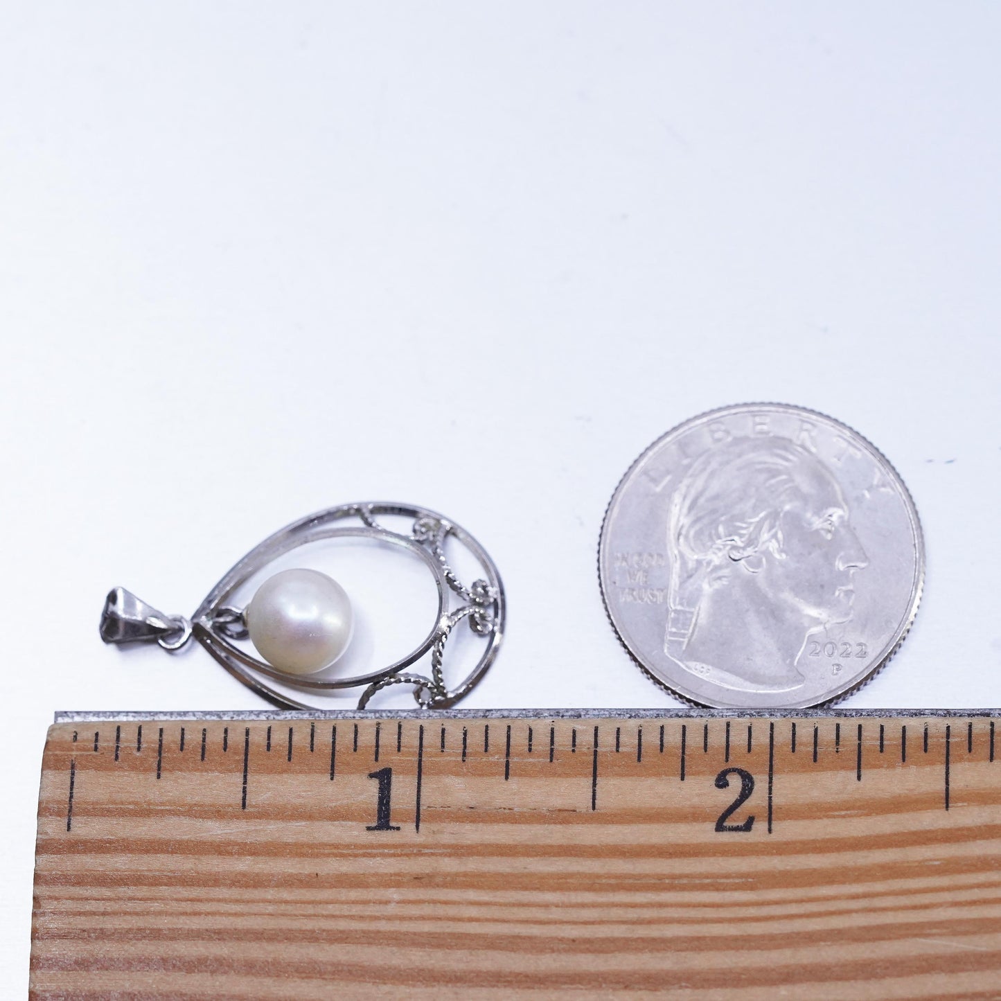 Vintage sterling 925 silver handmade filigree teardrop charm pendant with pearl