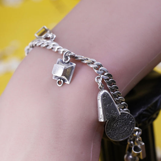 5”, Mexico Sterling Silver 925 Sombrero Mayan calendar sandal Charm Bracelet