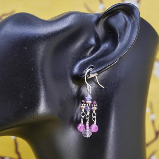 Vintage Sterling 925 silver handmade earrings with crystal and ruby beads