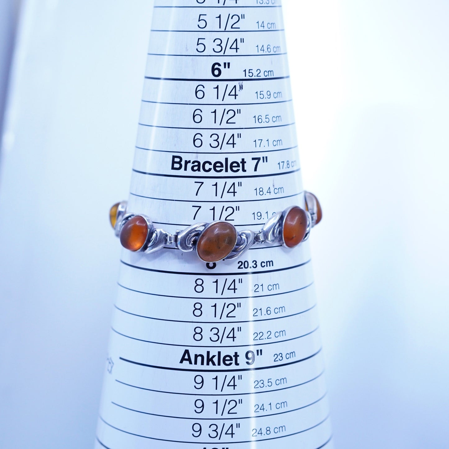 7.75”, Vintage Sterling 925 silver handmade tennis bracelet chain with amber