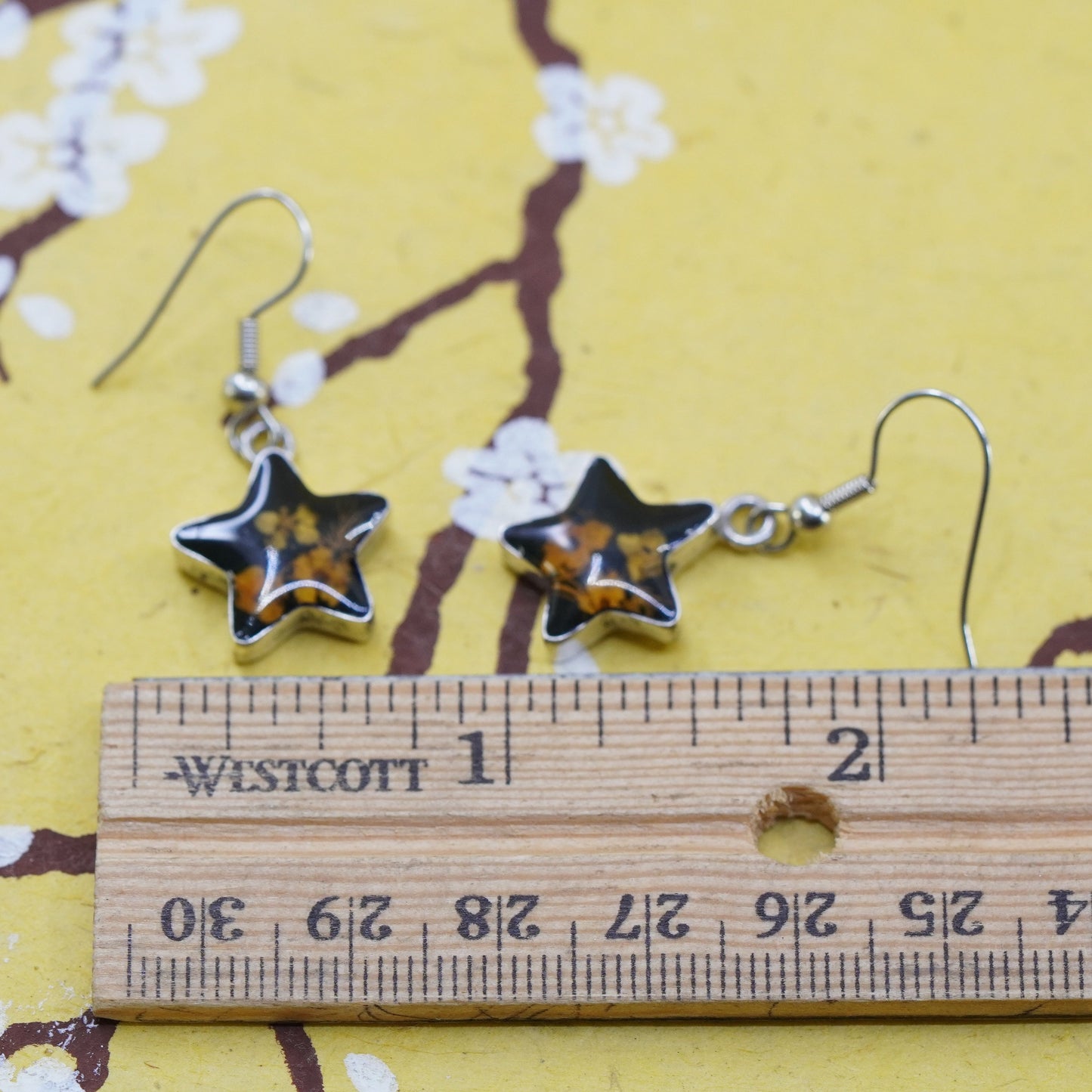 Vintage Mexican Sterling 925 silver handmade star earrings with floral resin