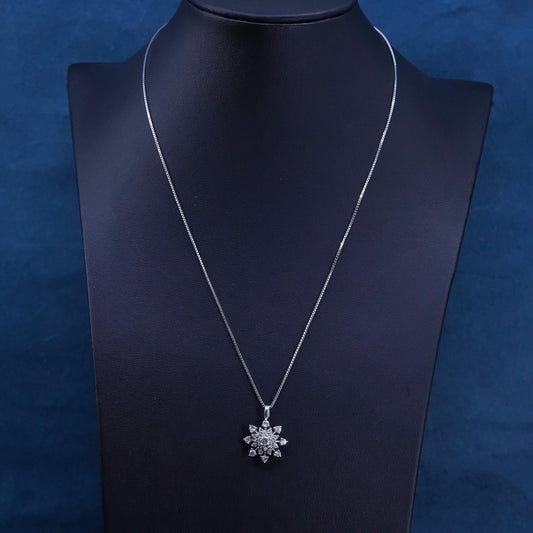 18”, VTG sterling silver box chain necklace, 925 snowflake pendant cluster cz