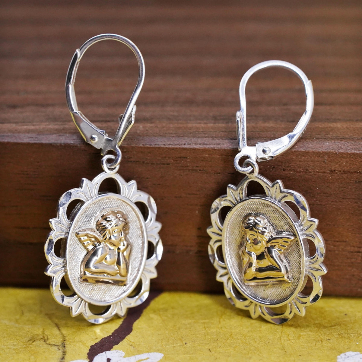 Michael Anthony Sterling 925 silver earrings w/ 14K yellow gold guardian angel