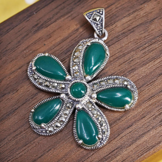 Vintage Sterling 925 silver handmade flower pendant with jade and marcasite