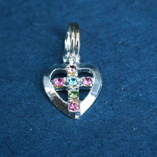 Vintage Sterling 925 silver handmade pendant with heart cross cluster crystal