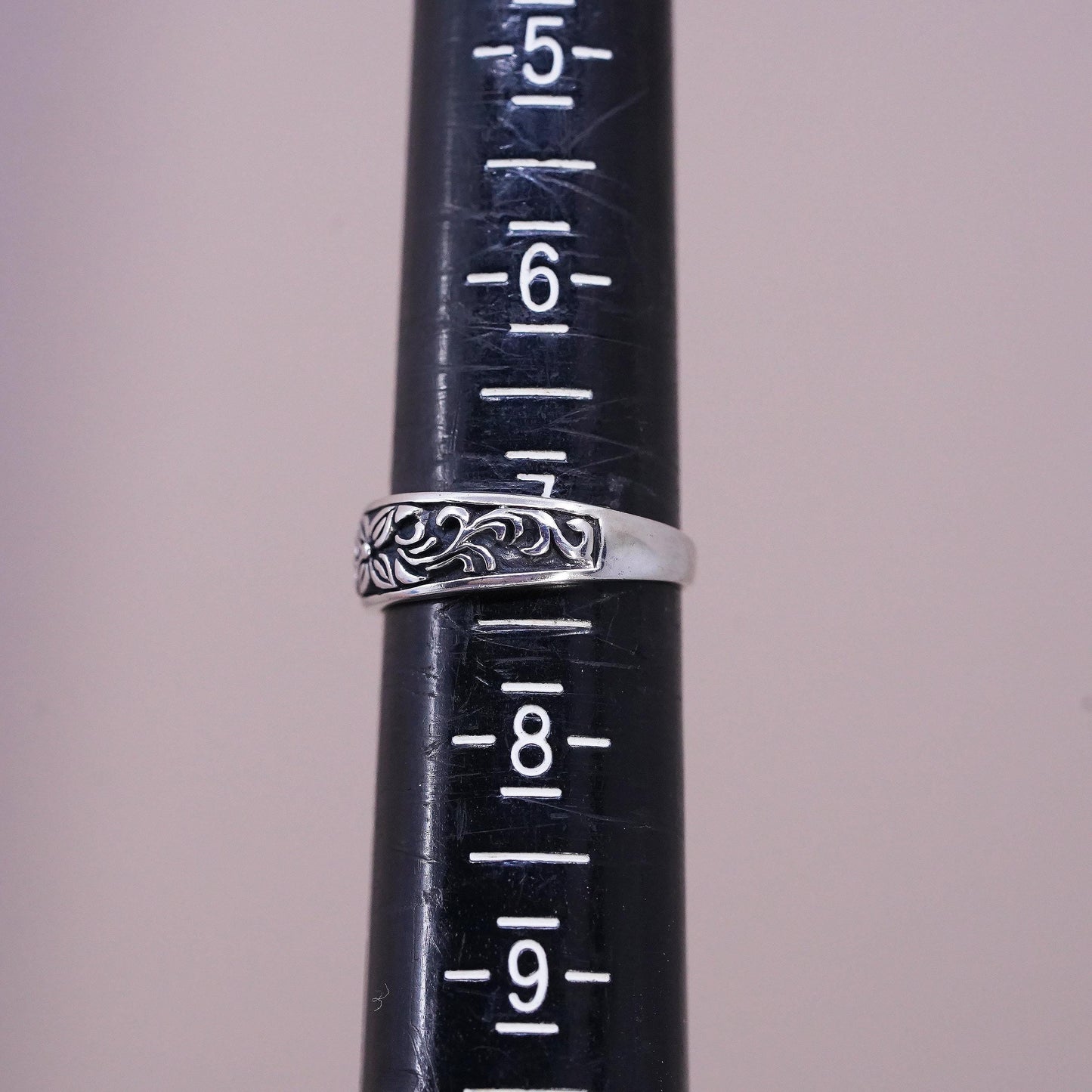 Size 7, VTG Sterling silver handmade ring, floral textured 925 stackable band