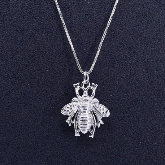 20” 1mm, Vintage sterling 925 silver box necklace with bee pendant