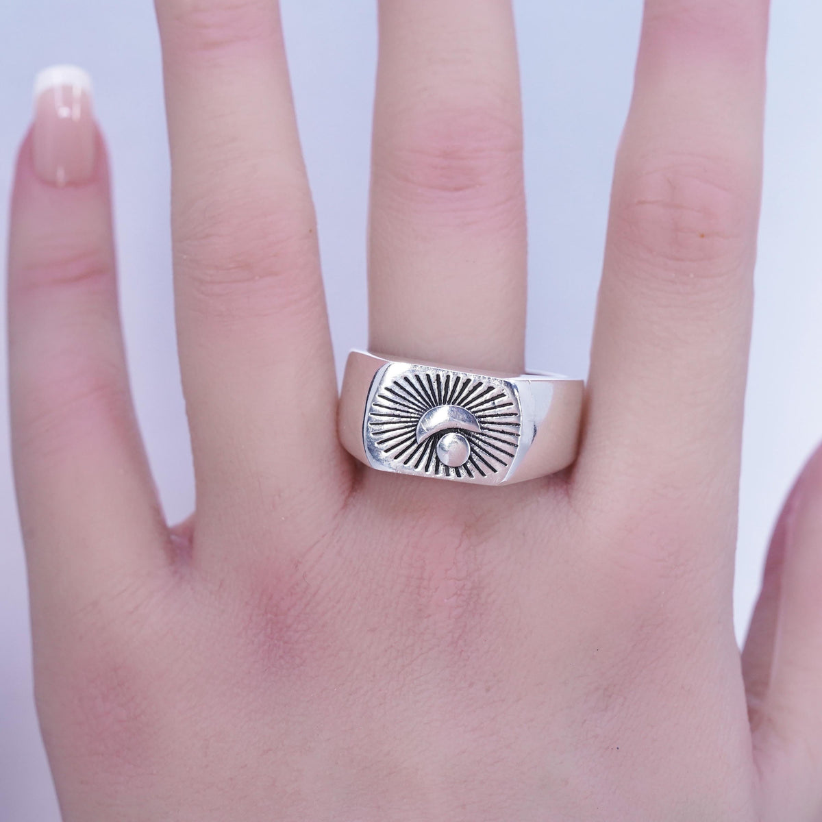 Size 13.5, vintage statement Sterling 925 silver handmade ring, band moon sun
