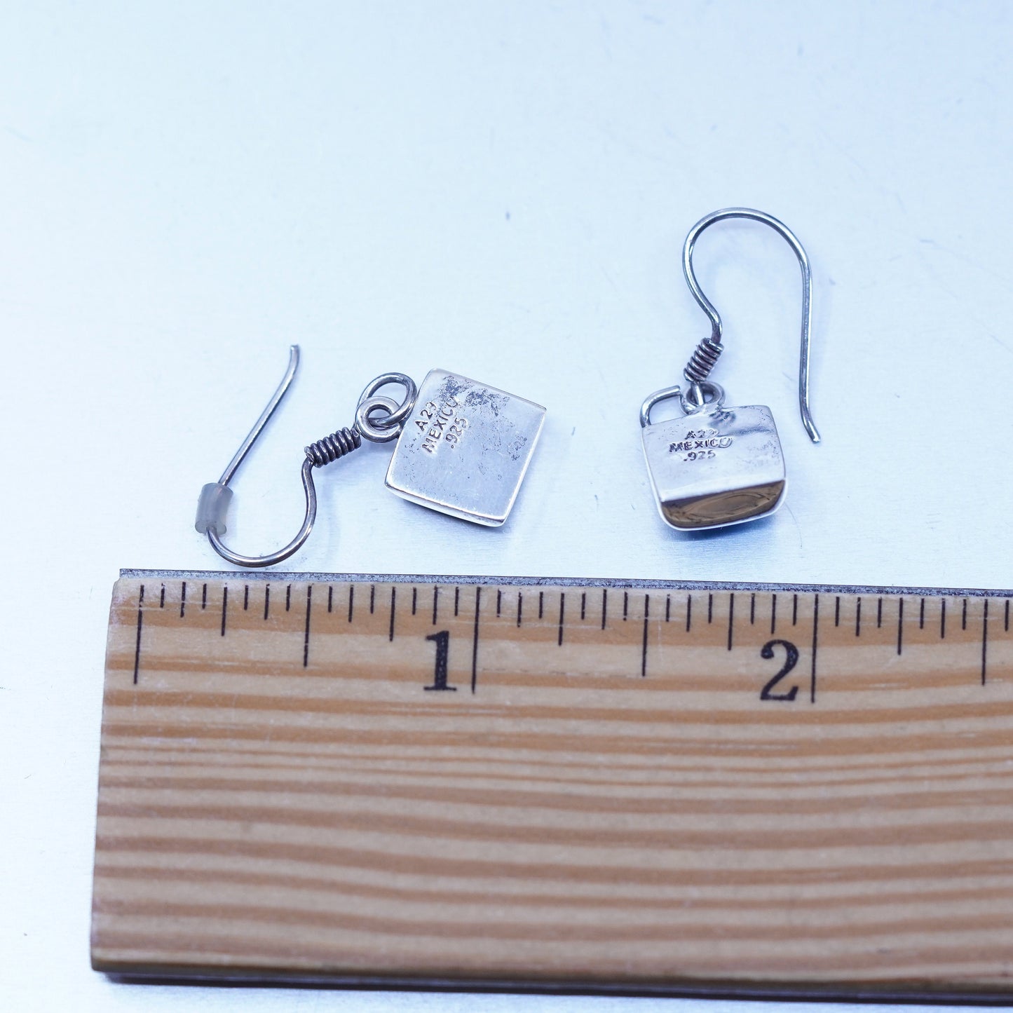 vtg Mexican Sterling 925 silver handmade earrings with square turquoise inlay