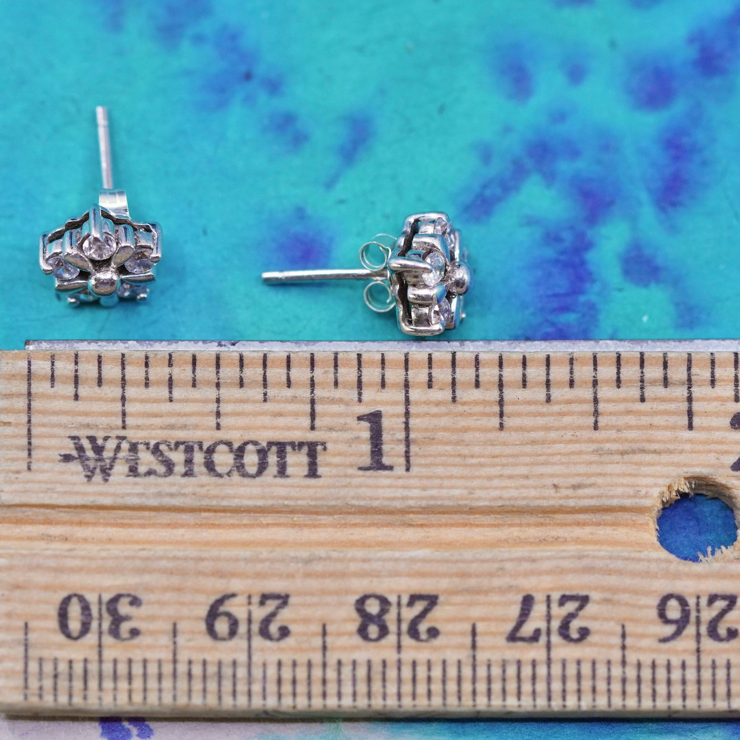 Vintage Sterling silver handmade earrings, 925 flower studs with cz