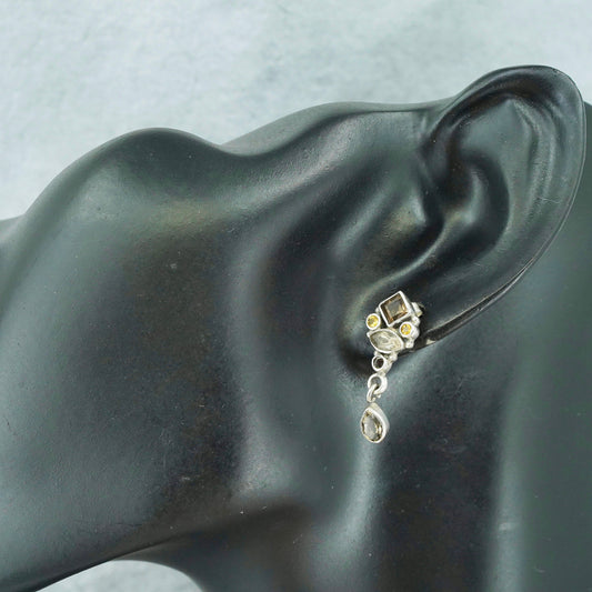 Vintage Sterling 925 silver handmade earrings with teardrop smoky topaz