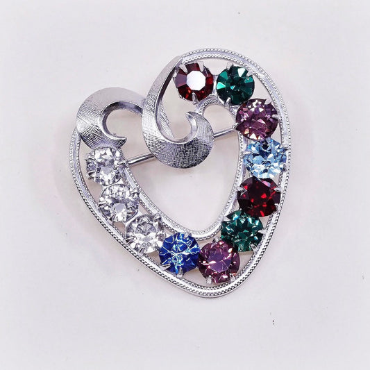 Vintage Sterling silver handmade brooch, solid 925 silver Heart with colorful rhinestone, stamped SP Sterling
