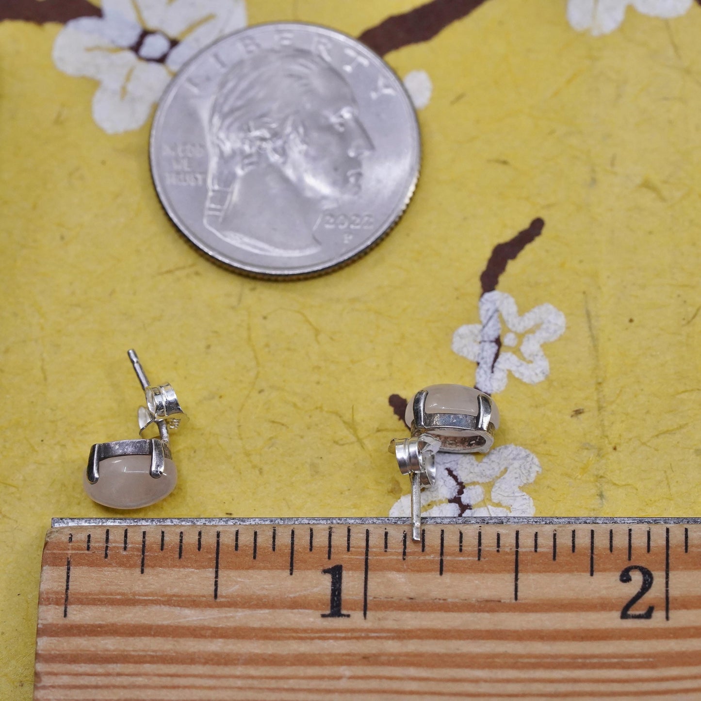 Vintage Sterling silver handmade earrings, 925 oval studs with pink quartz