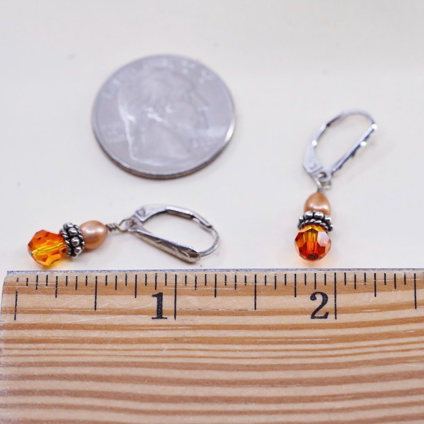 Vintage 925 Sterling silver earrings with orange pearl crystal drops Leverback