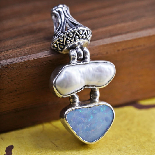 Vintage Sterling 925 silver handmade filigree pendant with fire opal and pearl