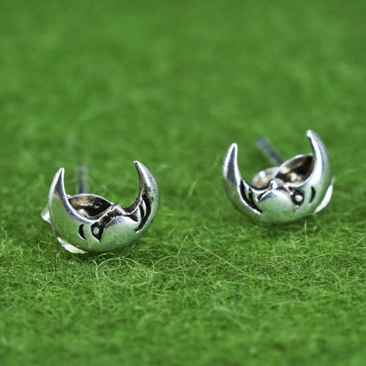 Vintage sterling 925 silver handmade moon face studs, earrings