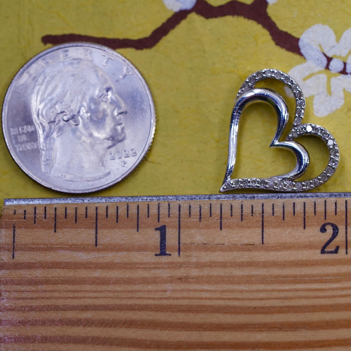 Vintage SUN sterling silver pendant, 925 double heart with cluster diamonds