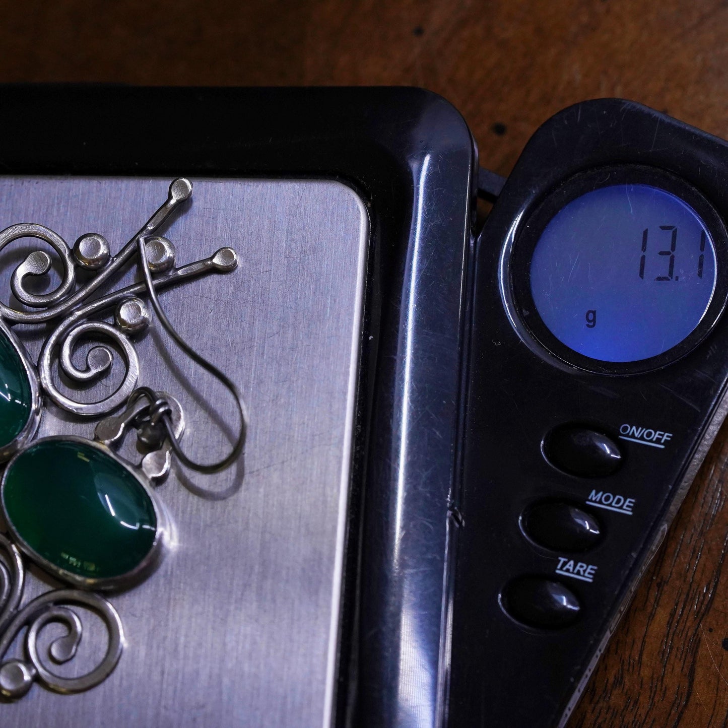 Vintage Sterling silver handmade earrings, 925 whirl waves dangles and jade