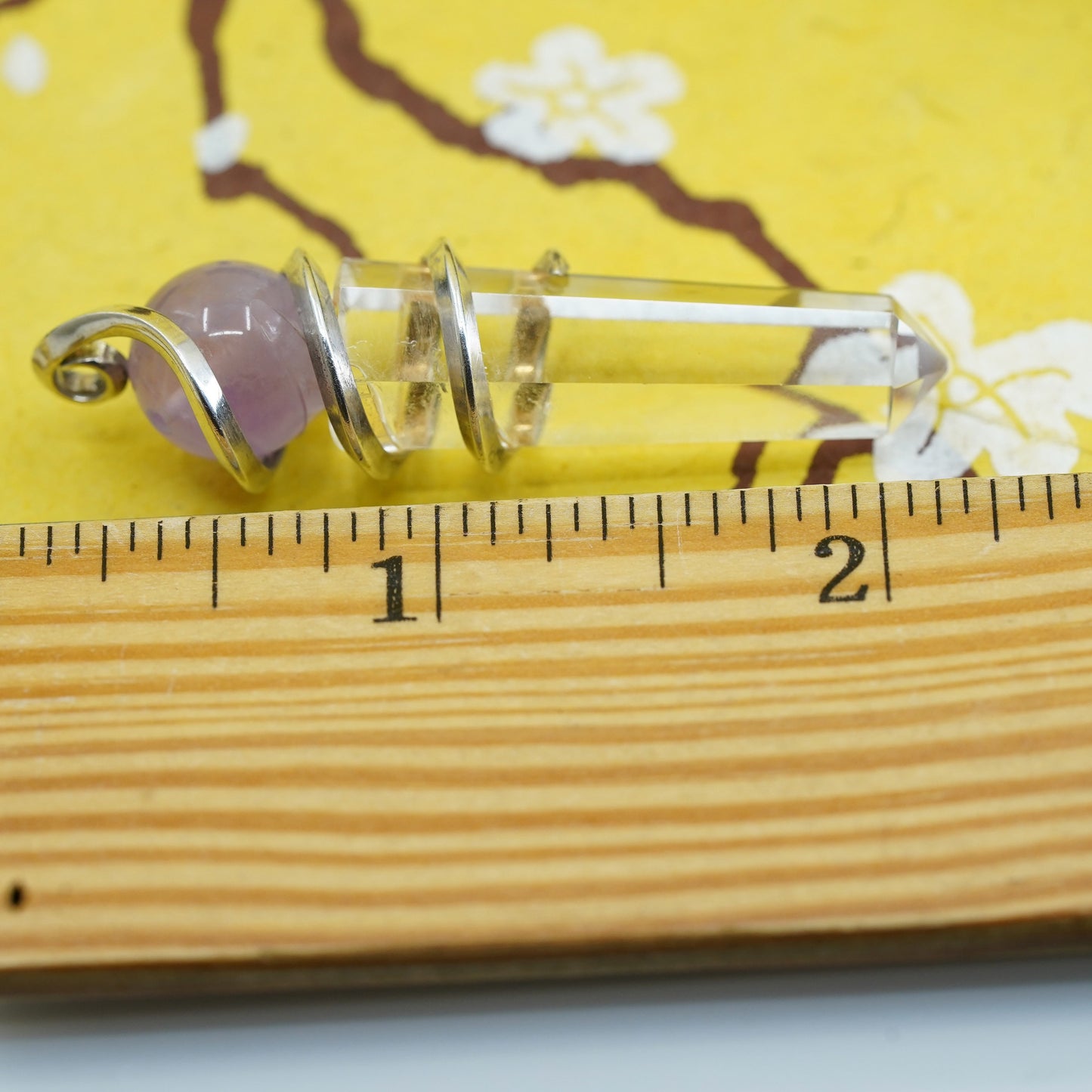 Vintage sterling 925 silver handmade healing crystal wired pendant w/ amethyst