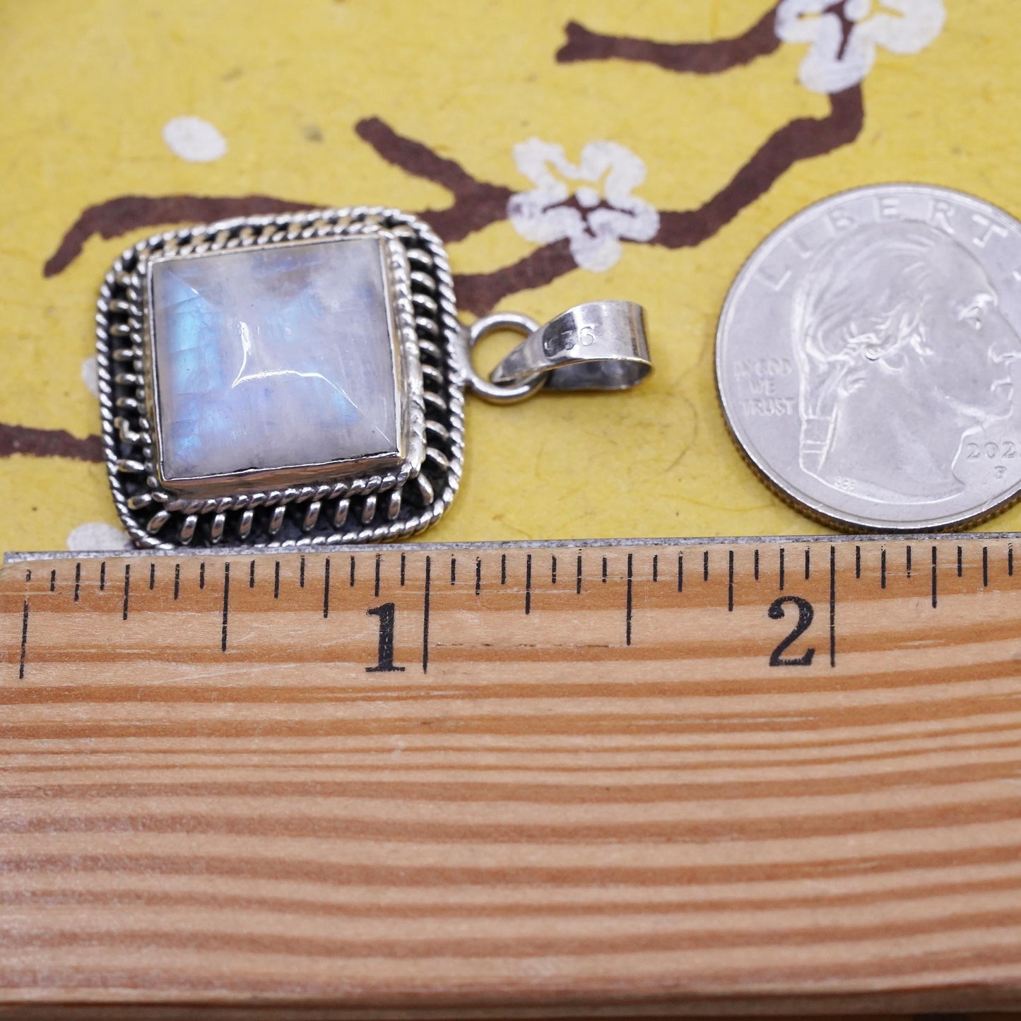 Vintage Sterling Silver Handmade Pendant, solid 925 silver square w/ moonstone