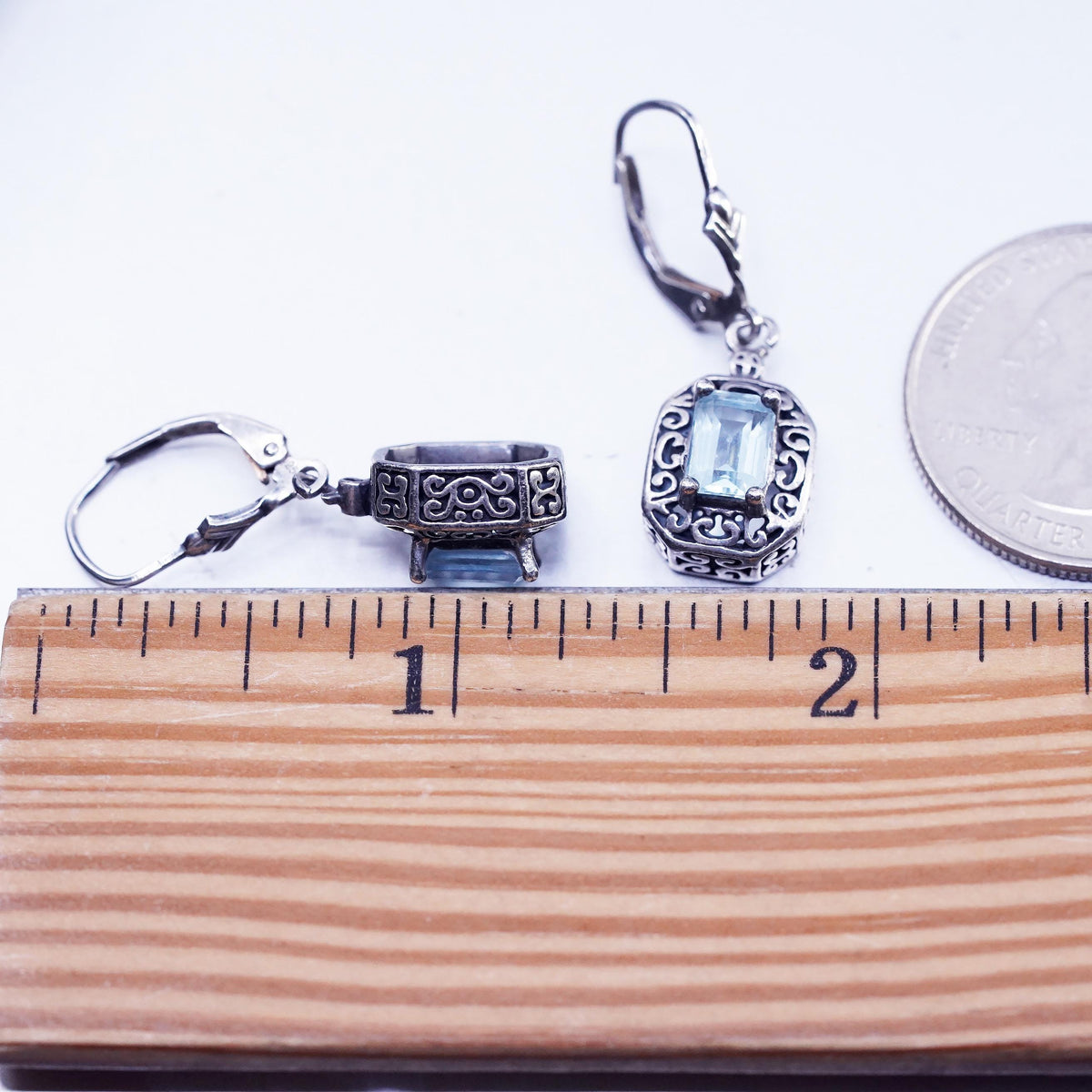Sterling Silver Blue Topaz Earrings 925 Ornate Dangle Leverback Earrings