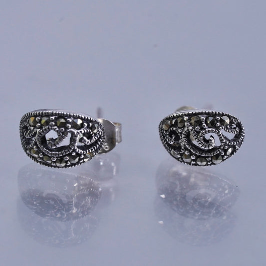 0.75”, vintage Sterling silver handmade earrings, 925 huggie hoops w/ marcasite