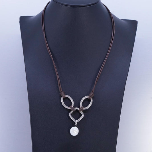 16+2”, Silpada .925 Sterling Silver Handmade Pearl brown Leather Necklace N1257