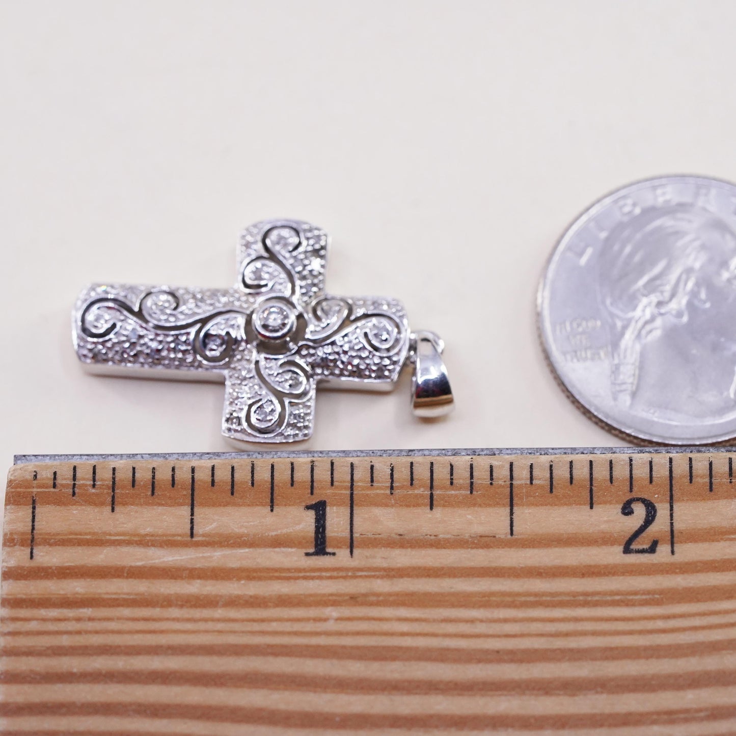 VTG modern sterling 925 silver filigree pendant, cross cluster genuine diamond
