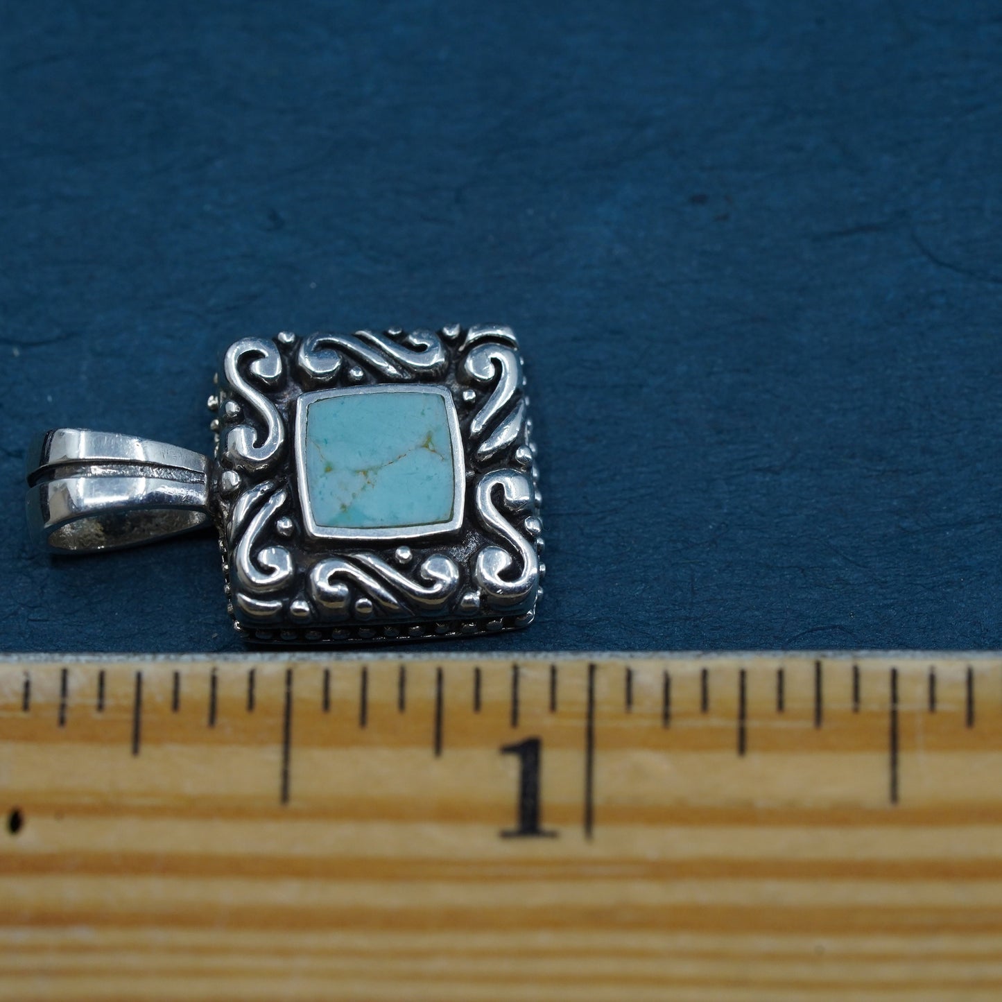 southwestern Sterling 925 silver handmade filigree pendant w/ square turquoise