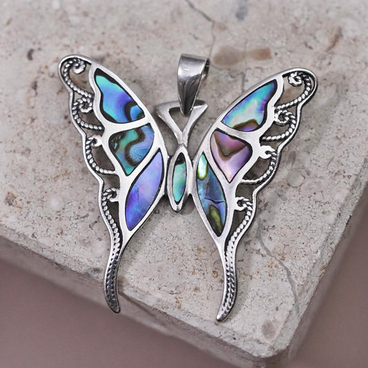 Vintage Sterling 925 silver handmade butterfly pendant with abalone