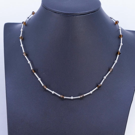 16", Native American Sterling 925 liquid silver necklace brown crystal beads