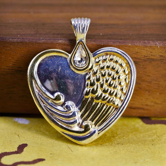 VTG BGE 18K Gold & 925 sterling Silver Heart Pendant angel’s wing teardrop cz