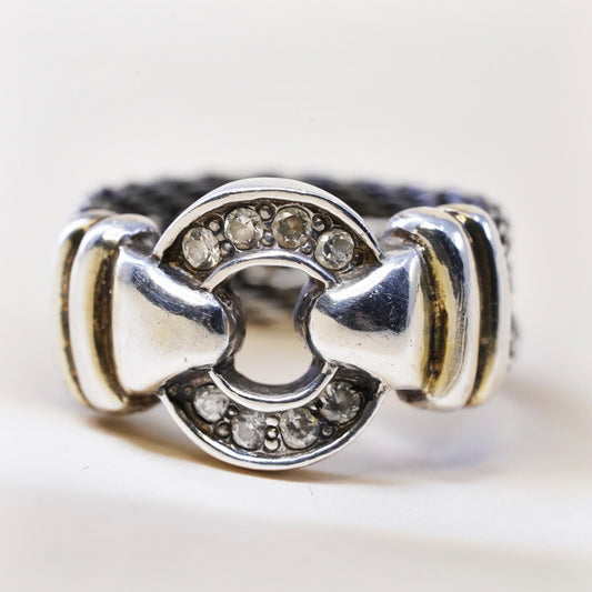 Size 9, Vintage sterling silver statement ring, 925 cable belt band cluster cz