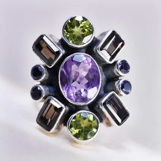 Size 7, Vintage Nicky Butler NB 925 Sterling Silver Multi Gemstone Ring Peridot
