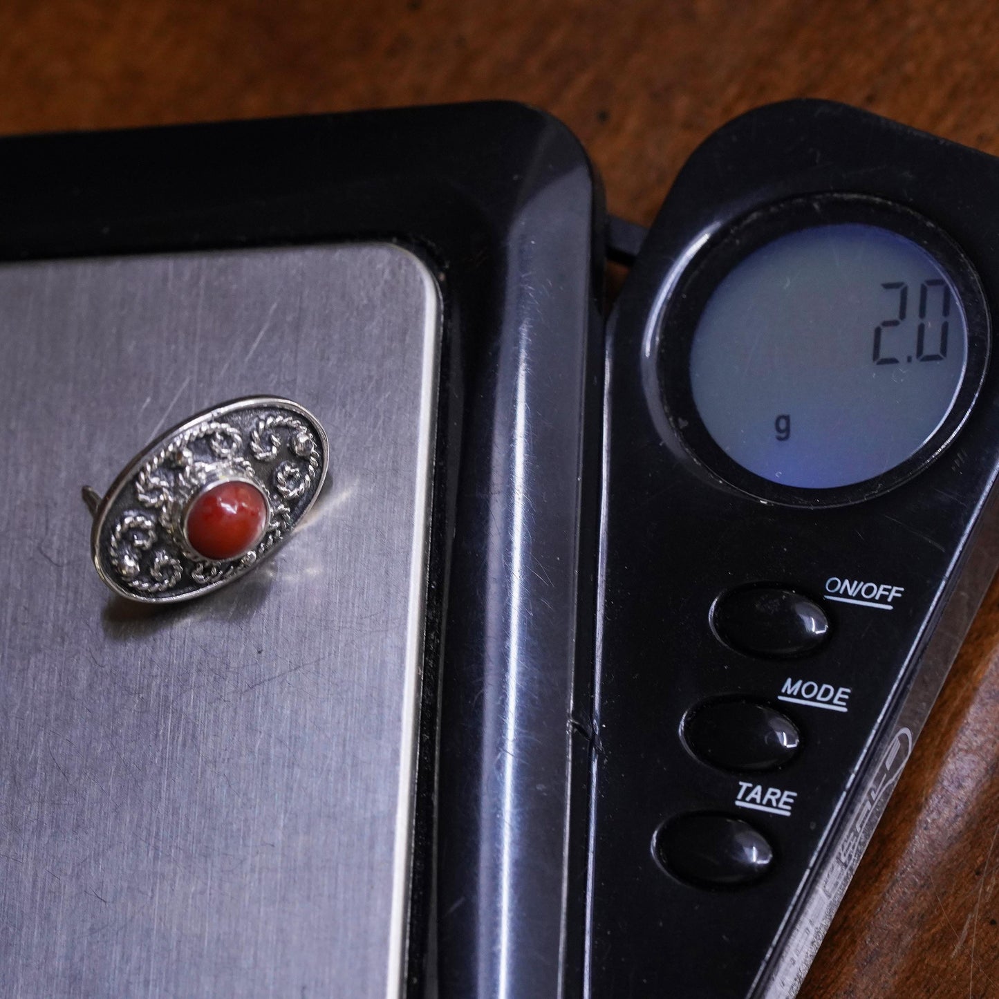 Native American Navajo handmade single earring. Sterling 925 silver stud coral