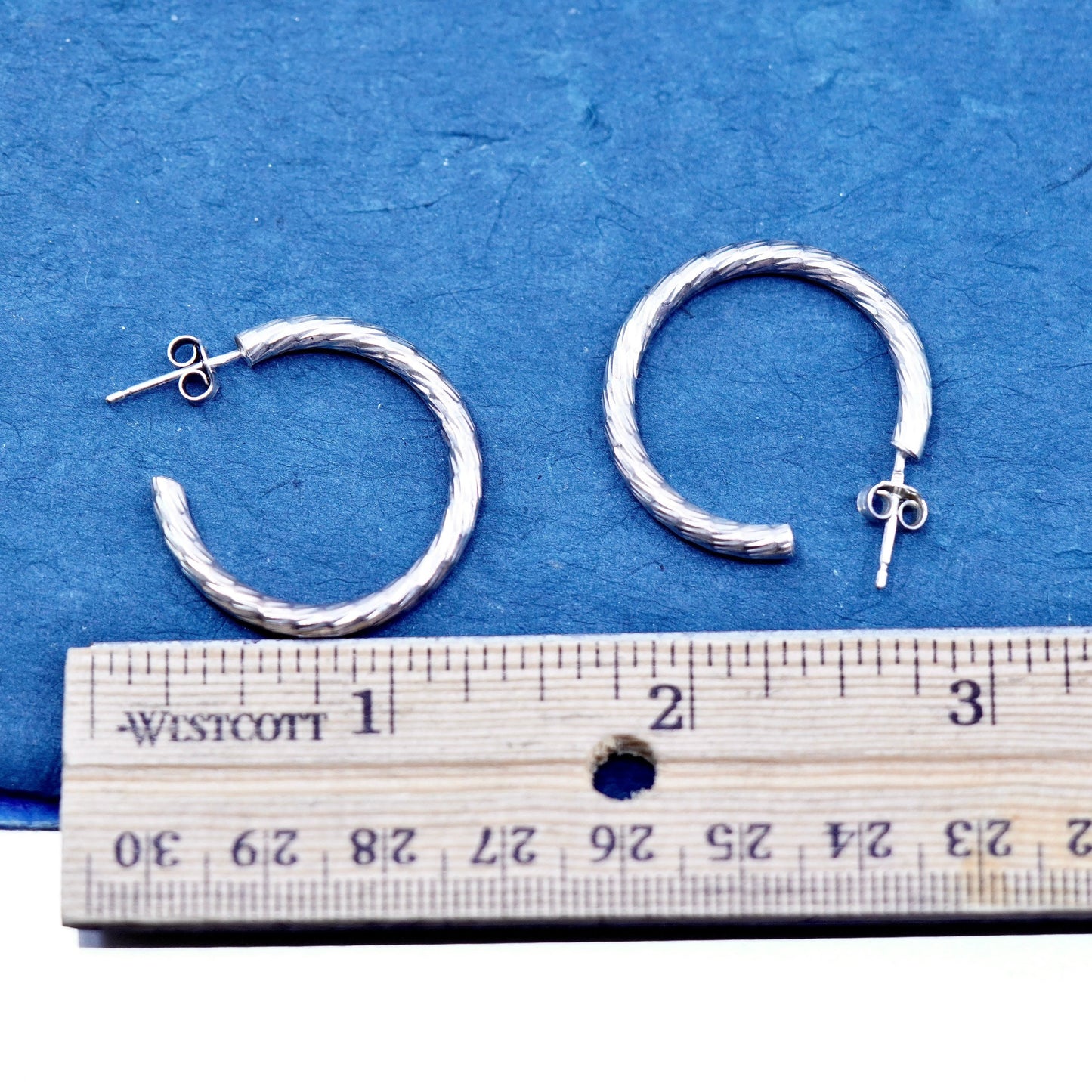 1”, vintage Sterling silver handmade earrings, textured 925 hoops, huggie