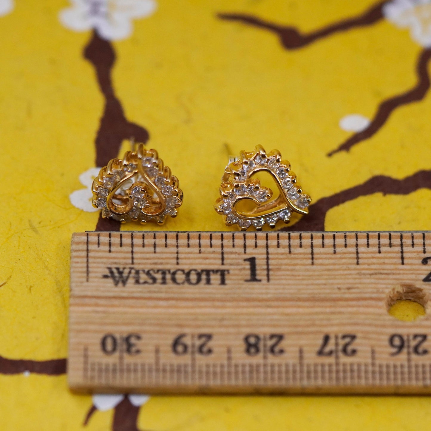 Vintage vermeil gold over Sterling silver heart earrings studs with cz