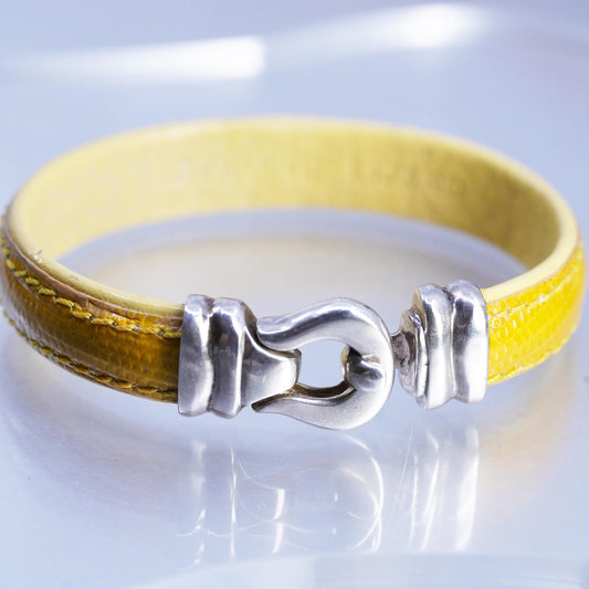 Industria Argentina Sterling 925 Silver Bracelet, Yellow Lizard Leather bangle