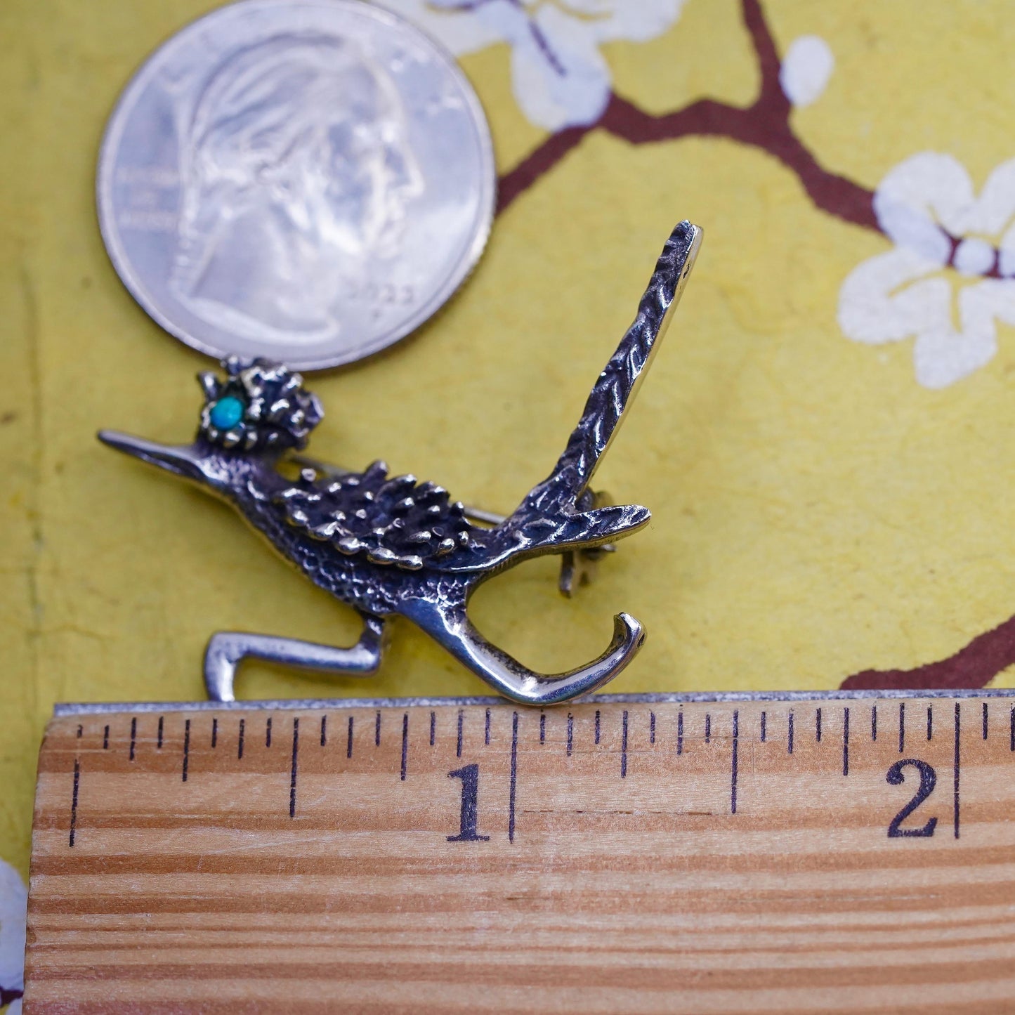 VTG sterling silver brooch, 925 Native American roadrunner bird pin turquoise
